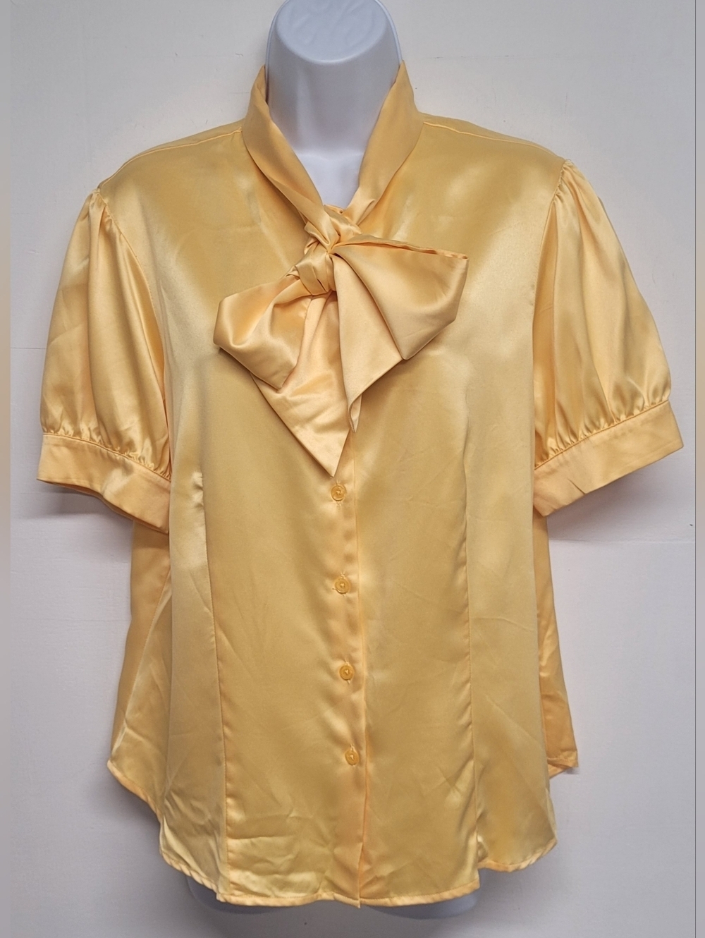 George L 12-14 Satin Silky Button Down Top Front Tie Bow Short Sleeves Yellow